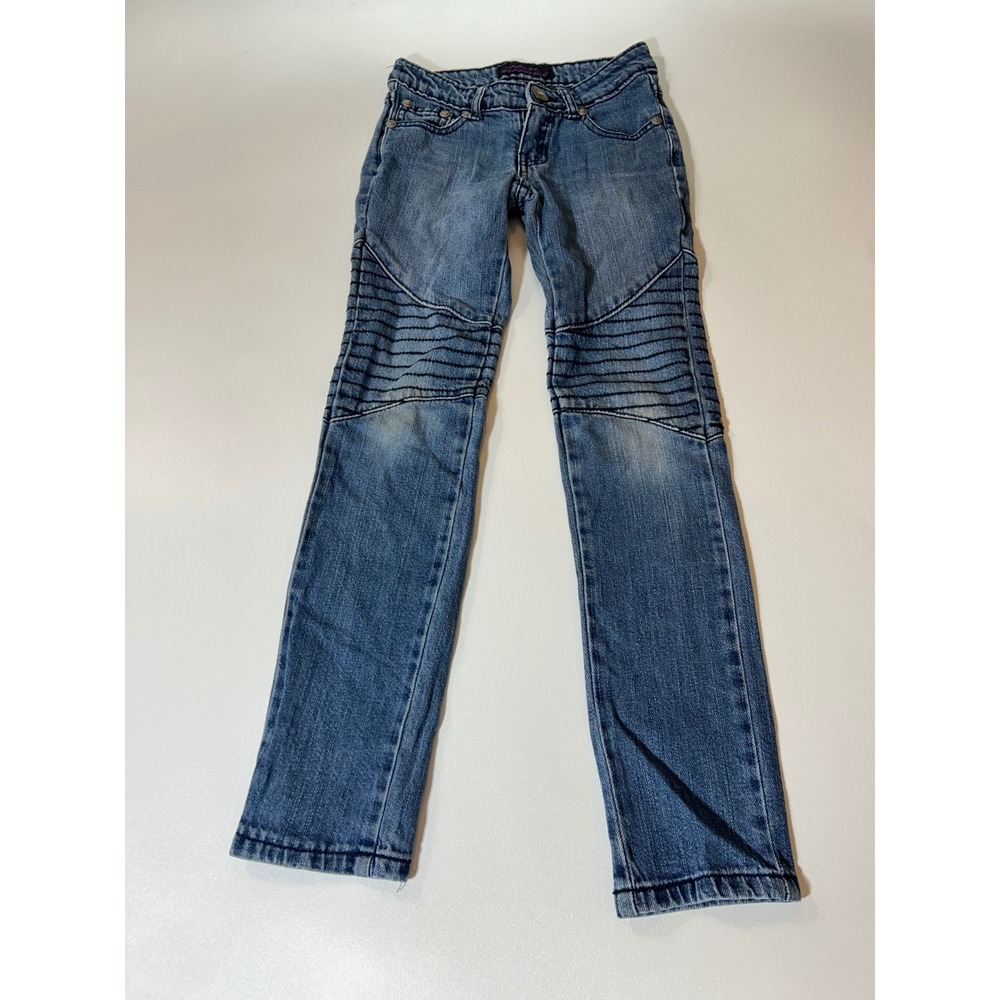 Rubee Jeans Moto Denim Pants Girls Size 8 Blue Excellent Ribbed Knee Stretch